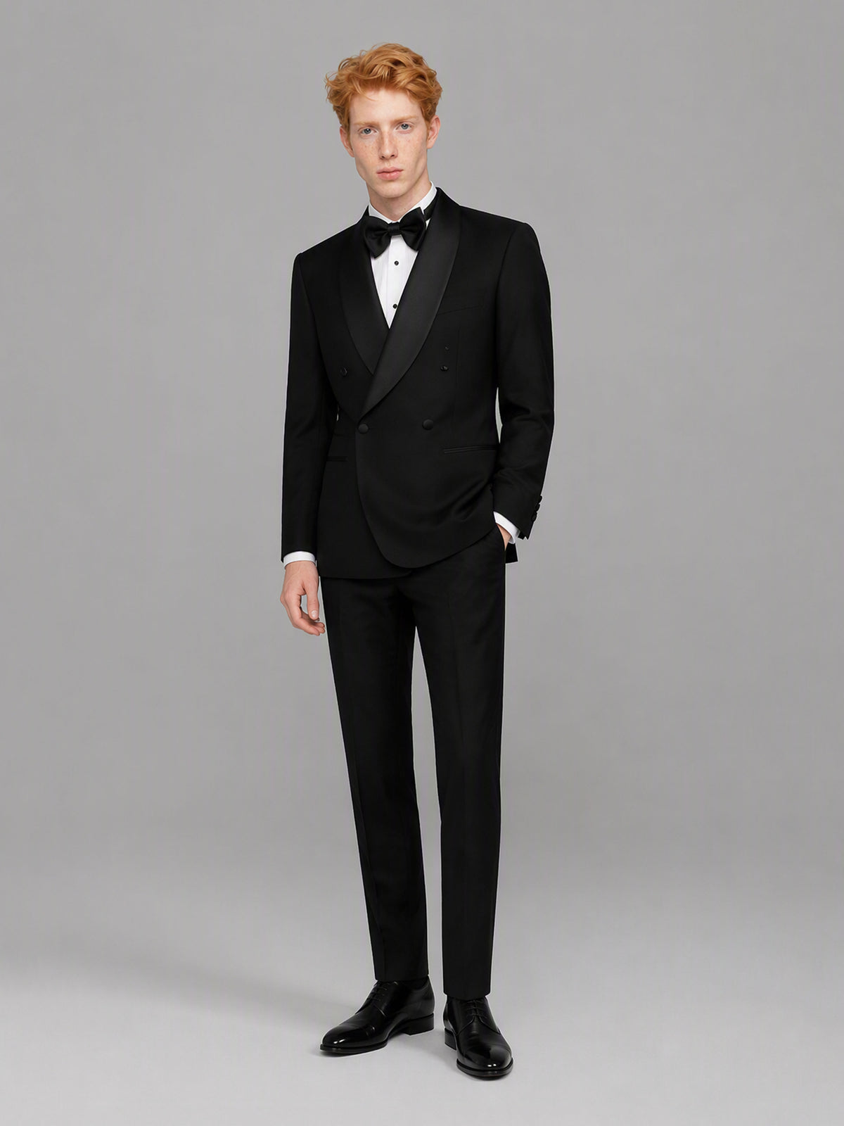 Savile GA0173 Men's Black Double-Breasted Black Satin Shawl Lapel Tuxedo – Front Full Body View Hands at Sides with Black Patent Oxford Shoes