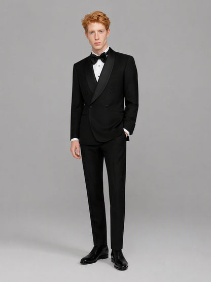 Savile GA0173 Men's Black Double-Breasted Black Satin Shawl Lapel Tuxedo – Front Full Body View Hands at Sides with Black Patent Oxford Shoes