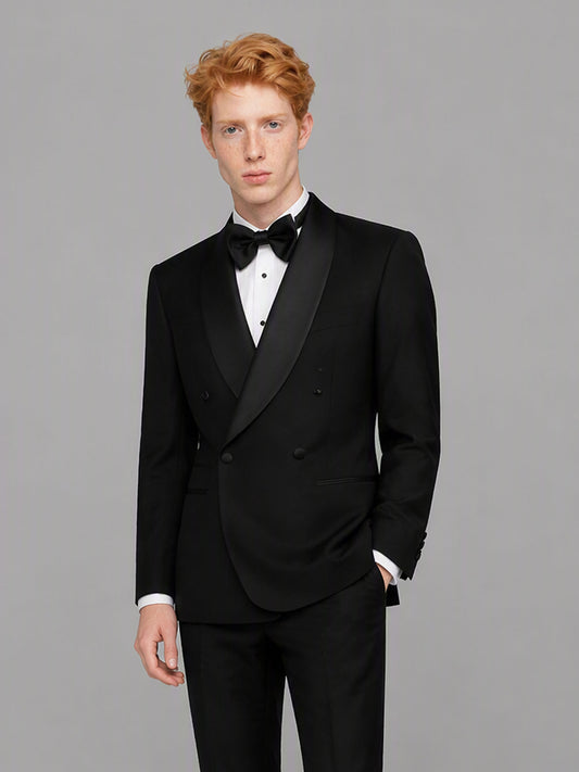 Savile GA0173 Men's Black Double-Breasted Black Satin Shawl Lapel Tuxedo – Front Full Body View Hand in Pocket with Black Patent Oxford Shoes