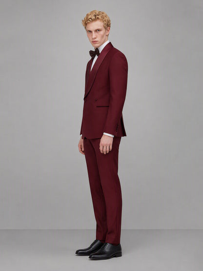 Savile GA0173 Men's Burgundy Double-Breasted Satin Shawl Lapel Tuxedo – Front Close-Up with Dark Bow Tie & Tonal Burgundy Satin Shawl Lapel Detail