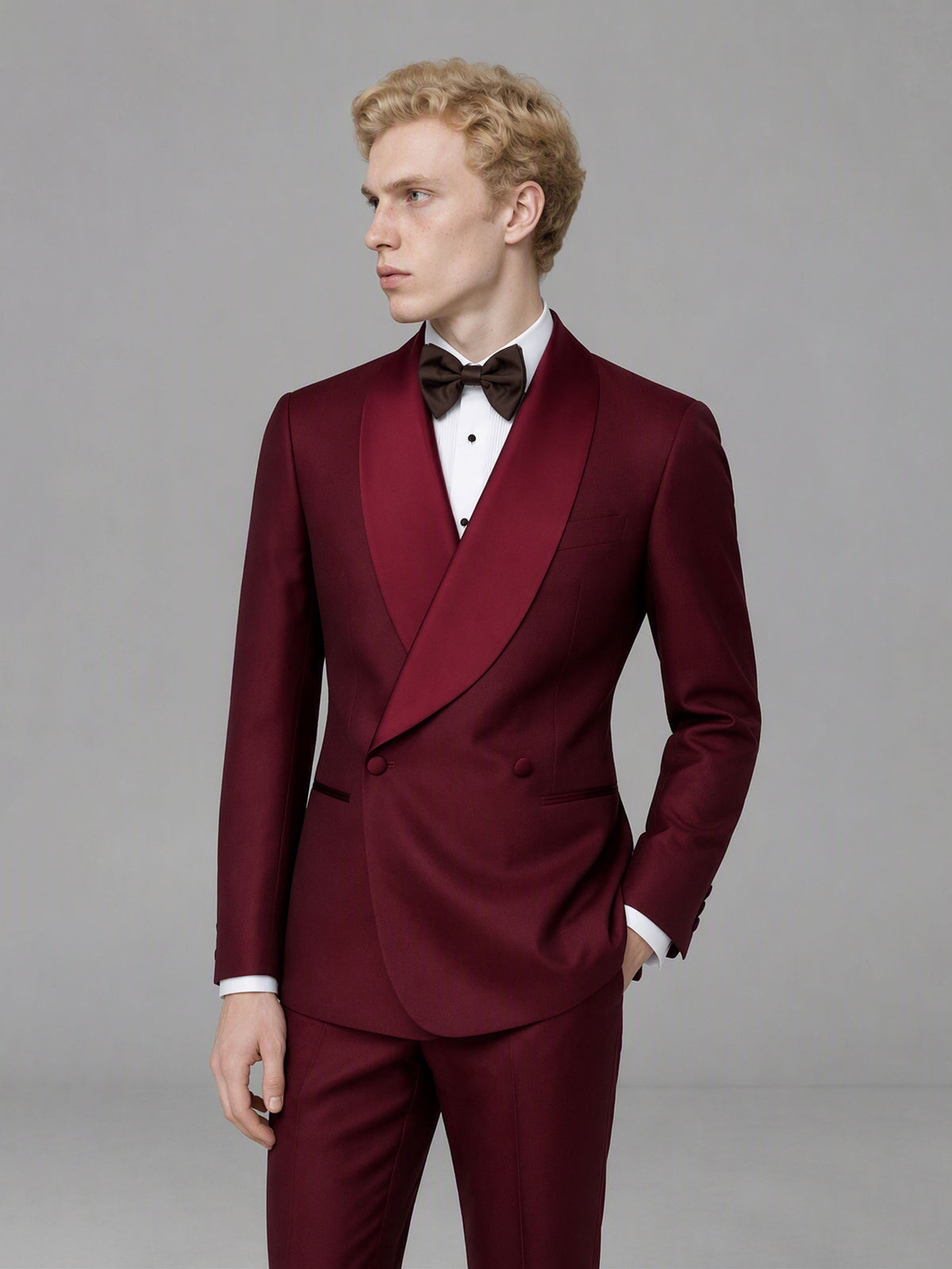 Savile GA0173 Men's Burgundy Double-Breasted Satin Shawl Lapel Tuxedo – Side Profile View with Dark Brown Oxford Shoes