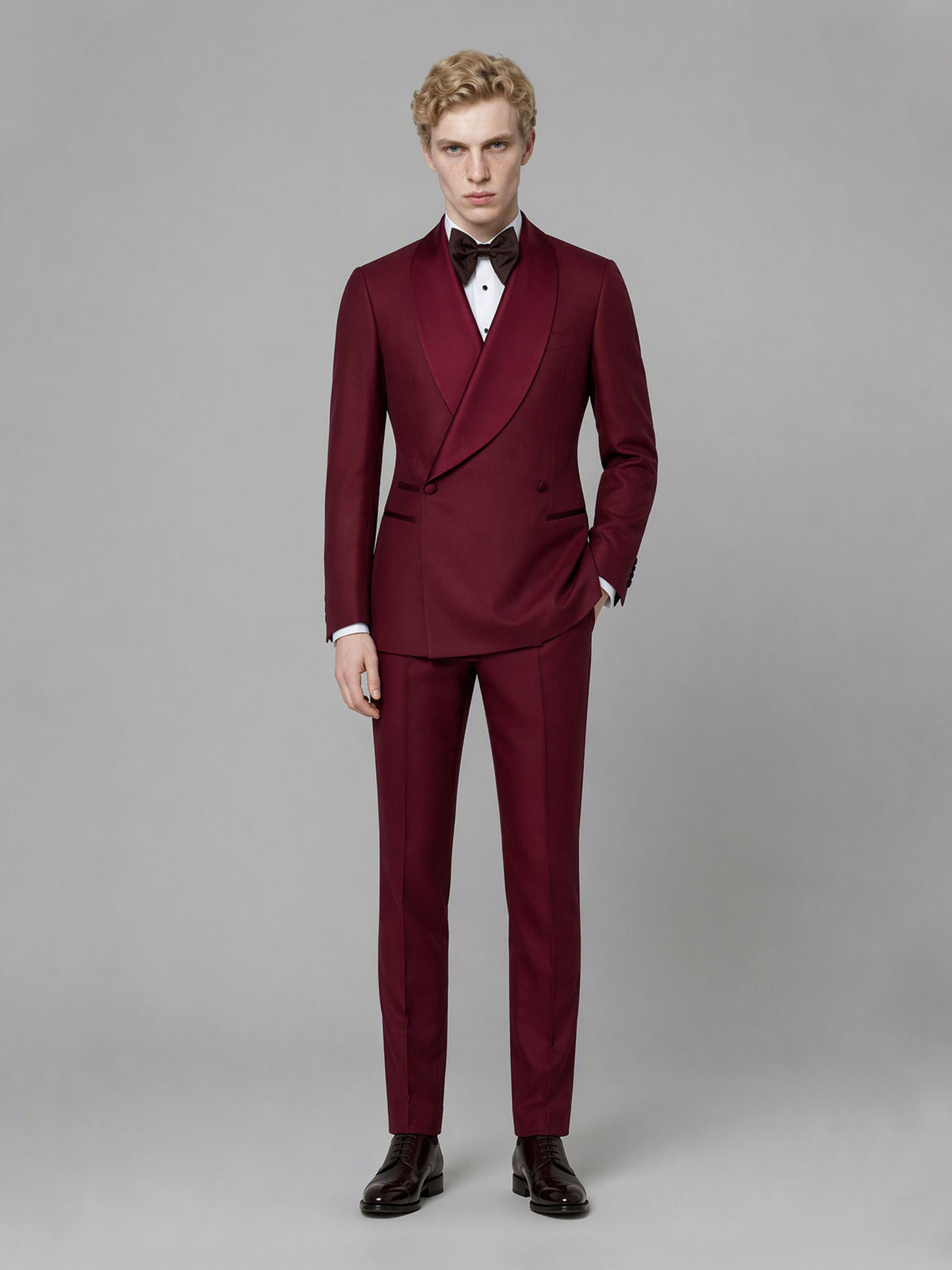 Savile GA0173 Men's Burgundy Double-Breasted Satin Shawl Lapel Tuxedo – Front 3/4 View Hand in Pocket with Dark Brown Oxford Shoes