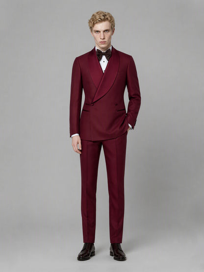 Savile GA0173 Men's Burgundy Double-Breasted Satin Shawl Lapel Tuxedo – Front 3/4 View Hand in Pocket with Dark Brown Oxford Shoes