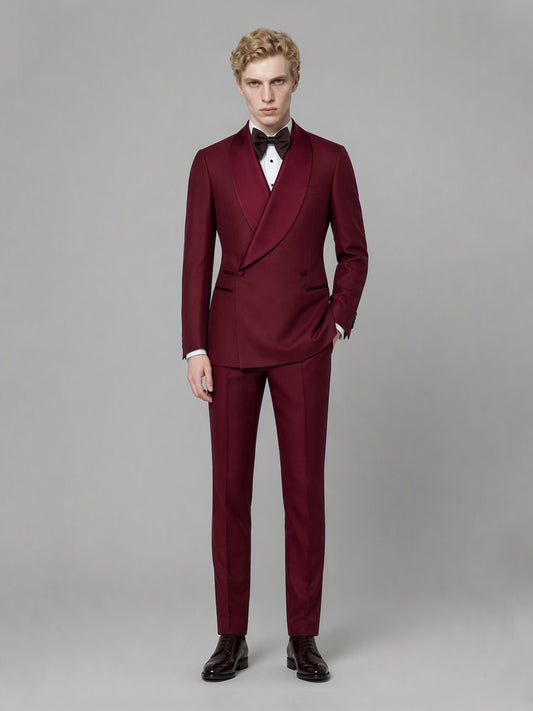 Savile GA0173 Men's Burgundy Double-Breasted Satin Shawl Lapel Tuxedo – Front 3/4 View Hand in Pocket with Dark Brown Oxford Shoes