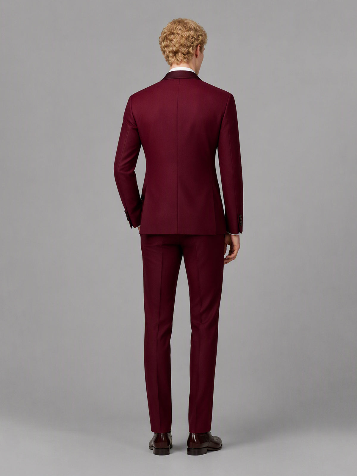 Savile GA0173 Men's Burgundy Double-Breasted Satin Shawl Lapel Tuxedo – Front Full Body View with Dark Bow Tie & Dark Brown Oxford Shoes