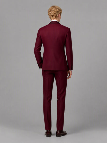 Savile GA0173 Men's Burgundy Double-Breasted Satin Shawl Lapel Tuxedo – Front Full Body View with Dark Bow Tie & Dark Brown Oxford Shoes