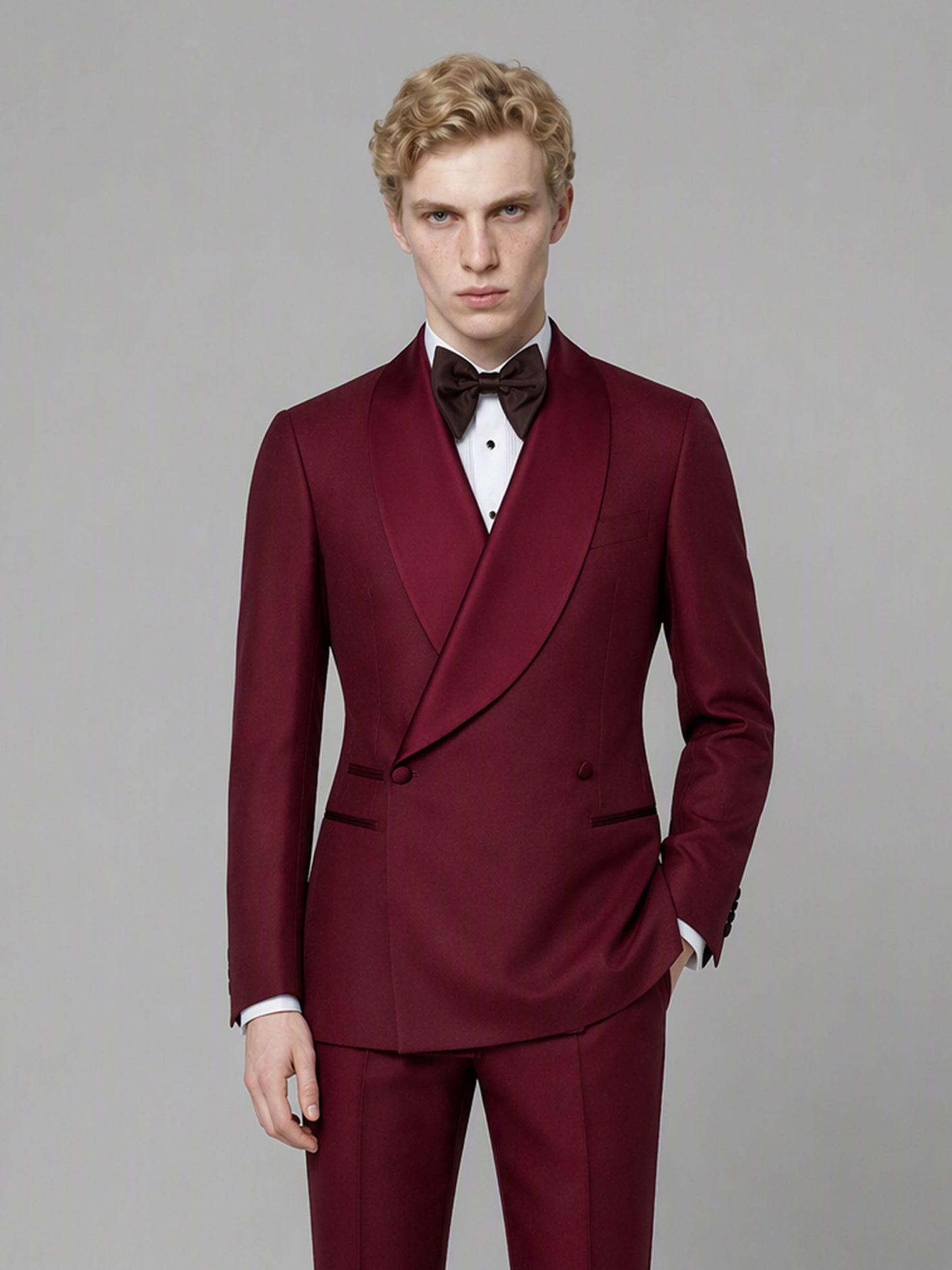 Savile GA0173 Men's Burgundy Double-Breasted Satin Shawl Lapel Tuxedo – Back View with Dark Brown Oxford Shoes