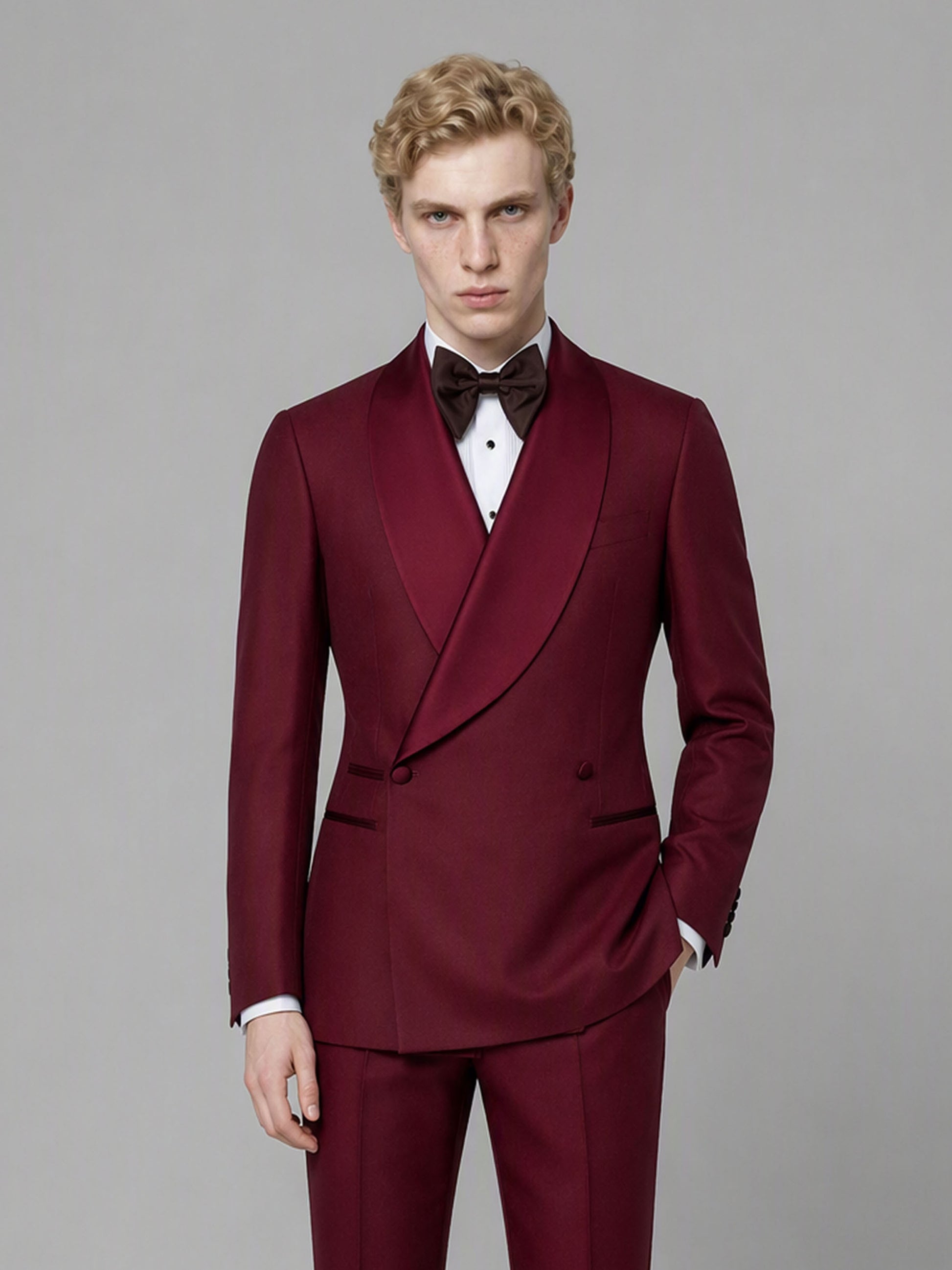 Savile GA0173 Men's Burgundy Double-Breasted Satin Shawl Lapel Tuxedo – Back View with Dark Brown Oxford Shoes