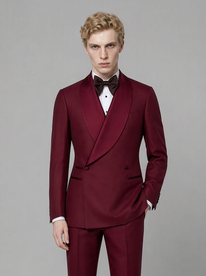 Savile GA0173 Men's Burgundy Double-Breasted Satin Shawl Lapel Tuxedo – Back View with Dark Brown Oxford Shoes