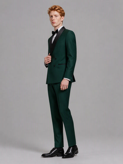 Savile GA0173 Men's Emerald Green Double-Breasted Black Satin Shawl Lapel Tuxedo – Front Close-Up with Black Bow Tie & Cascading Satin Shawl Lapel Detail