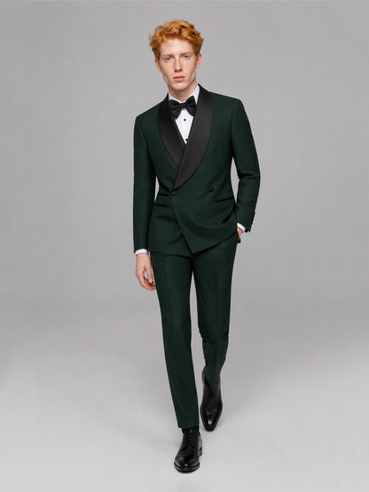Savile GA0173 Men's Emerald Green Double-Breasted Black Satin Shawl Lapel Tuxedo – Side Profile View with Black Oxford Shoes