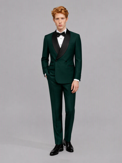 Savile GA0173 Men's Emerald Green Double-Breasted Black Satin Shawl Lapel Tuxedo – Front Full Body Walking Pose with Black Oxford Shoes