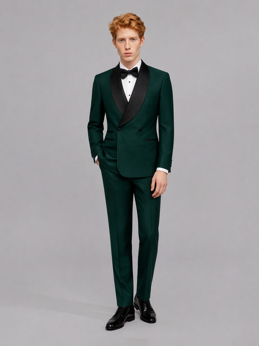 Savile GA0173 Men's Emerald Green Double-Breasted Black Satin Shawl Lapel Tuxedo – Front Full Body Walking Pose with Black Oxford Shoes