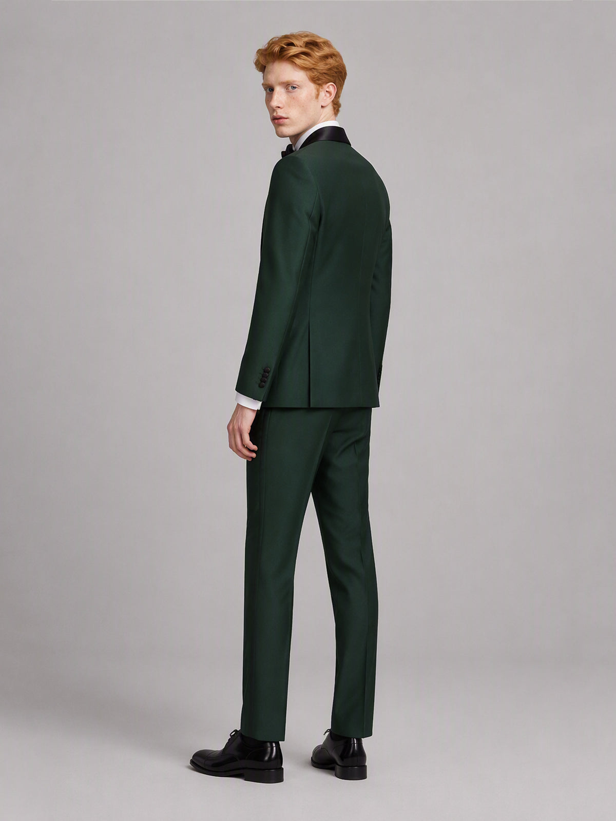 Savile GA0173 Men's Emerald Green Double-Breasted Black Satin Shawl Lapel Tuxedo – Front Full Body View Hands at Sides with Black Oxford Shoes