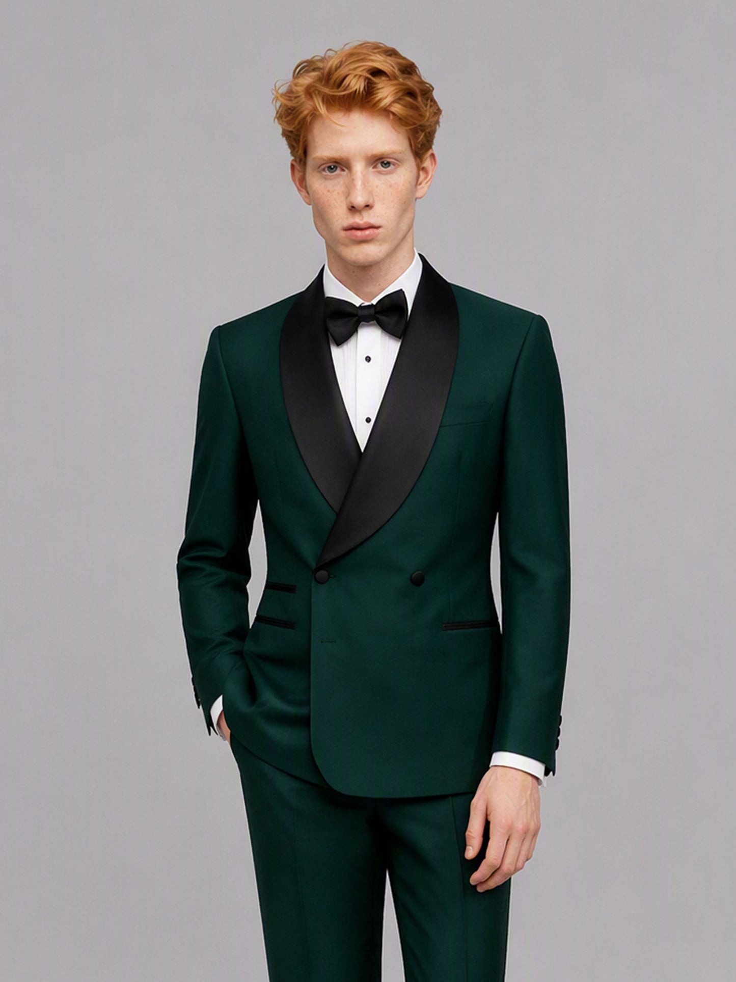 Savile GA0173 Men's Emerald Green Double-Breasted Black Satin Shawl Lapel Tuxedo – Back 3/4 View with Black Oxford Shoes