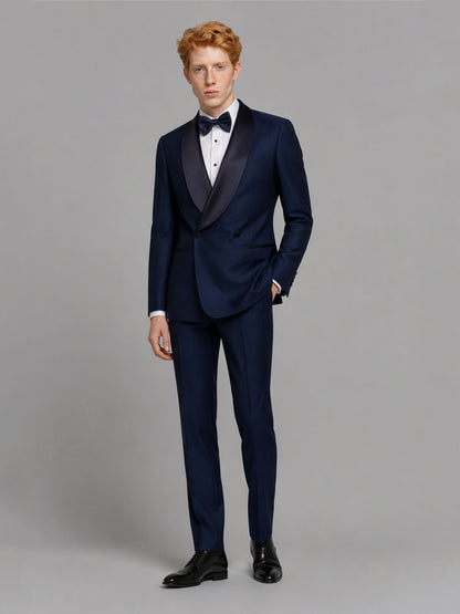 Savile GA0173 Men's Navy Blue Black Satin Shawl Lapel Tuxedo – Front Close-Up with Dark Navy Bow Tie & Cascading Satin Shawl Lapel Detail