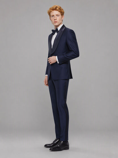 Savile GA0173 Men's Navy Blue Black Satin Shawl Lapel Tuxedo – Front Full Body View with Dark Navy Bow Tie & Black Oxford Shoes