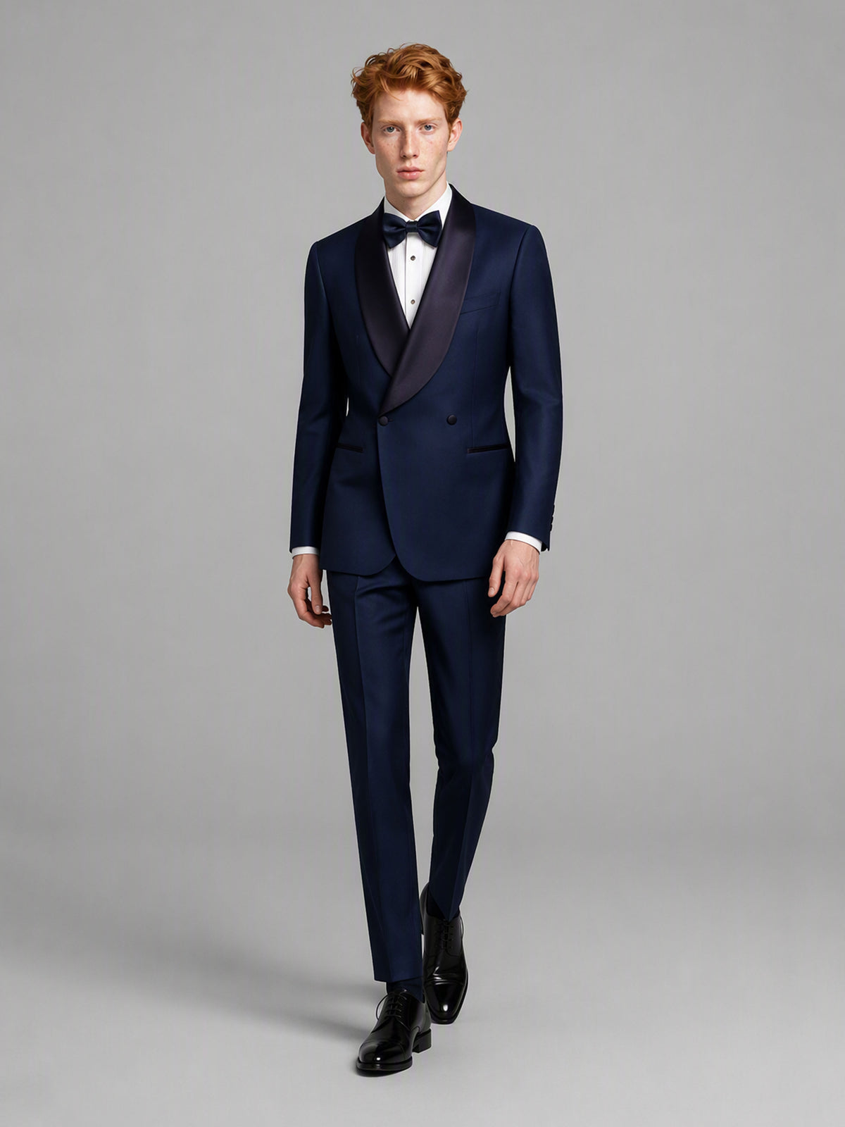 Savile GA0173 Men's Navy Blue Black Satin Shawl Lapel Tuxedo – Side Profile View with Black Oxford Shoes