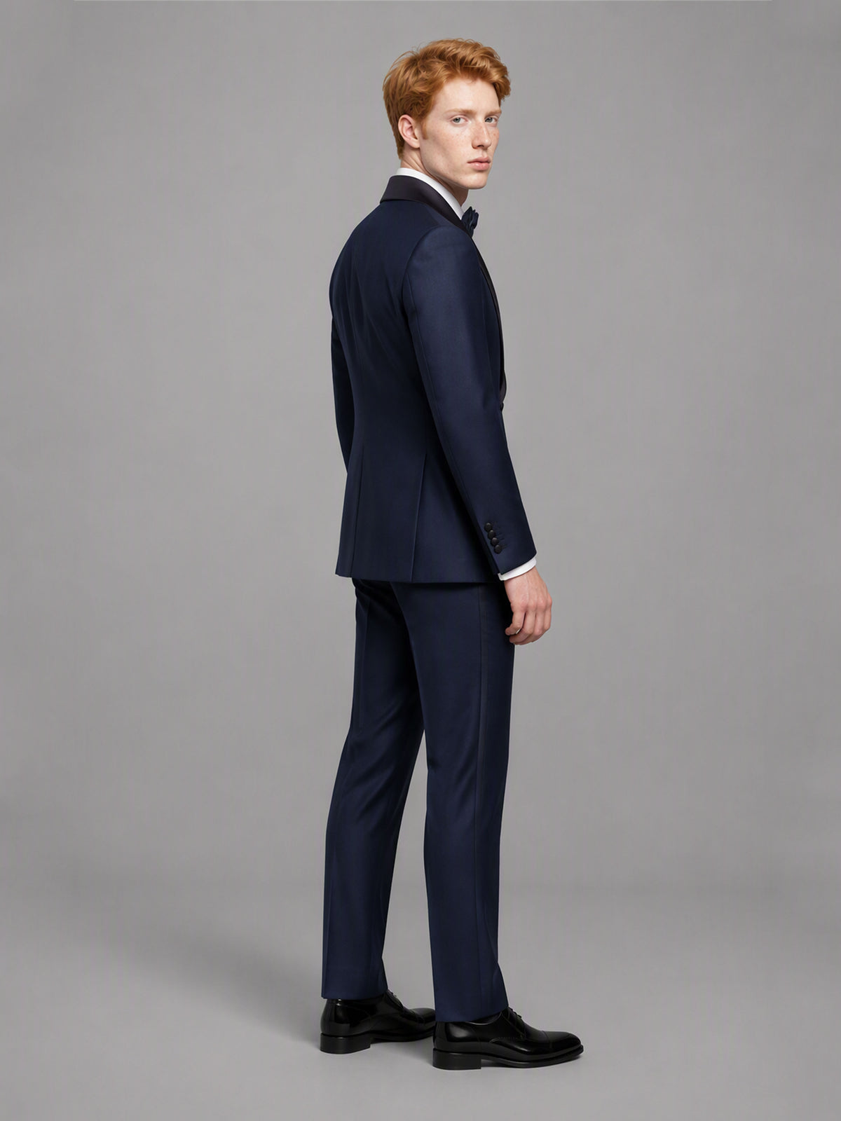 Savile GA0173 Men's Navy Blue Black Satin Shawl Lapel Tuxedo – Front Full Body Walking Pose with Black Oxford Shoes