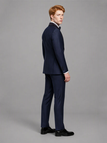 Savile GA0173 Men's Navy Blue Black Satin Shawl Lapel Tuxedo – Front Full Body Walking Pose with Black Oxford Shoes
