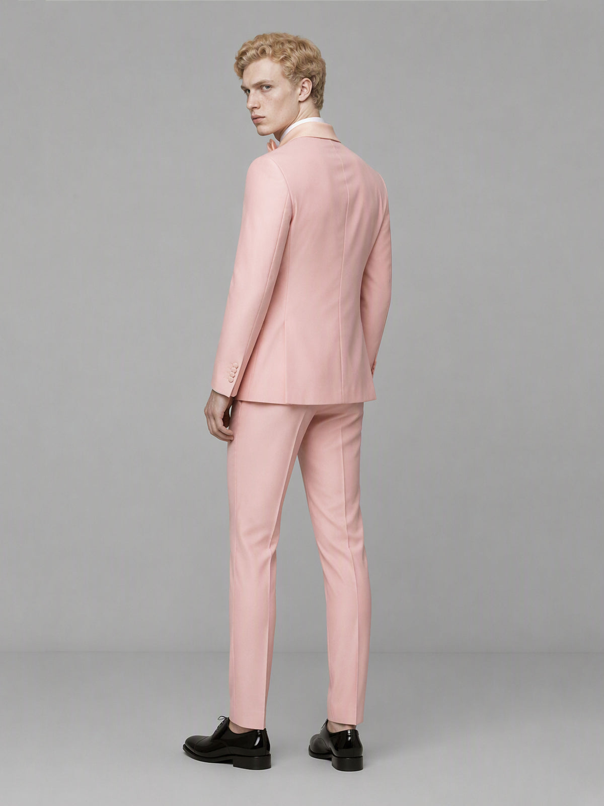 Savile GA0173 Men's Pink Double-Breasted Tonal Pink Satin Shawl Lapel Tuxedo – Front Full Body View with Pink Bow Tie & Black Oxford Shoes