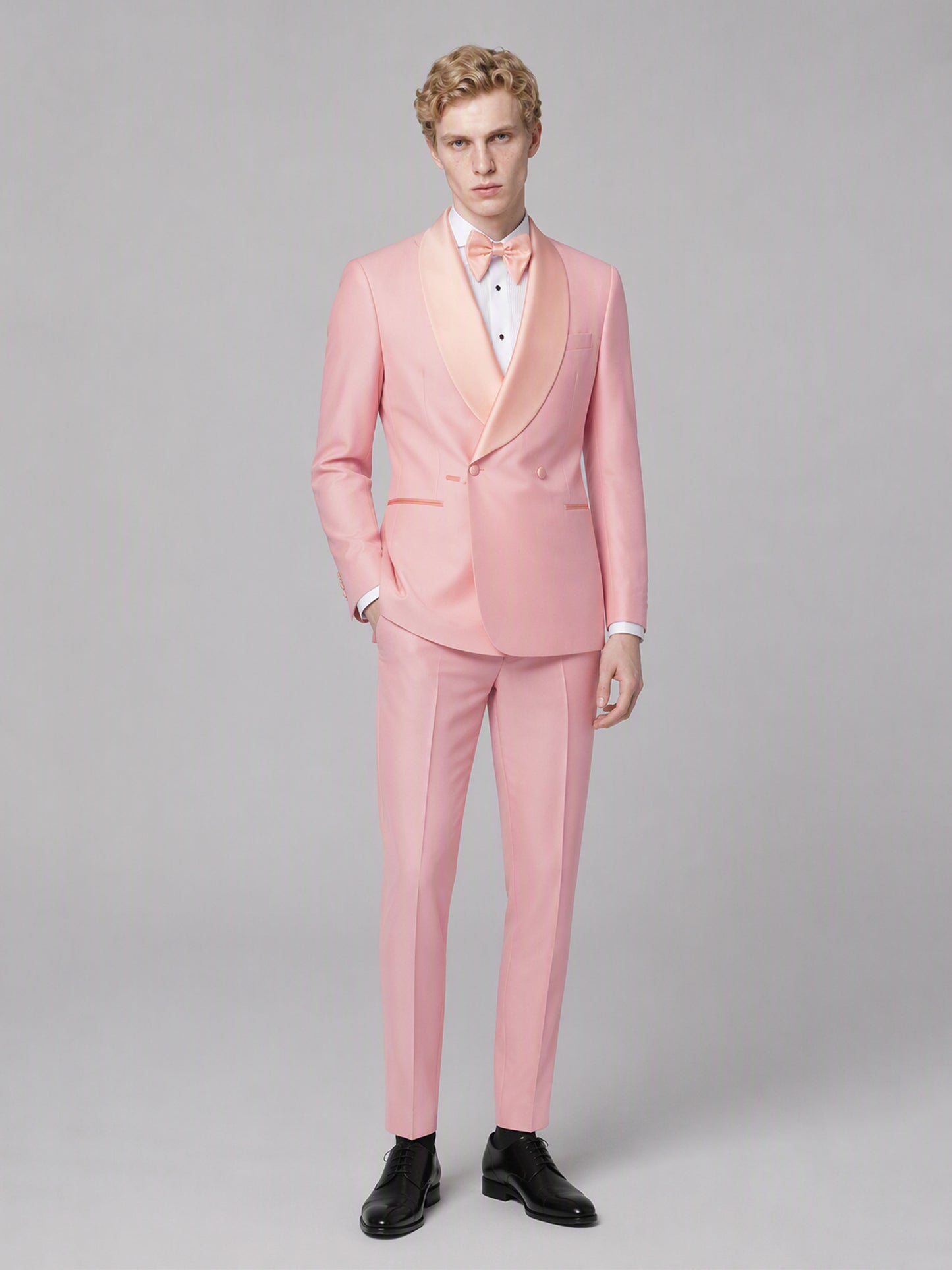 Savile GA0173 Men's Pink Double-Breasted Tonal Pink Satin Shawl Lapel Tuxedo – Side Profile View with White Oxford Shoes