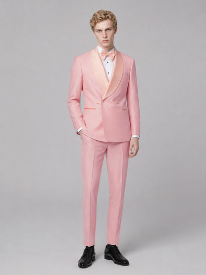 Savile GA0173 Men's Pink Double-Breasted Tonal Pink Satin Shawl Lapel Tuxedo – Side Profile View with White Oxford Shoes