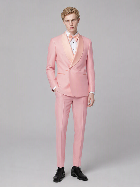 Savile GA0173 Men's Pink Double-Breasted Tonal Pink Satin Shawl Lapel Tuxedo – Side Profile View with White Oxford Shoes
