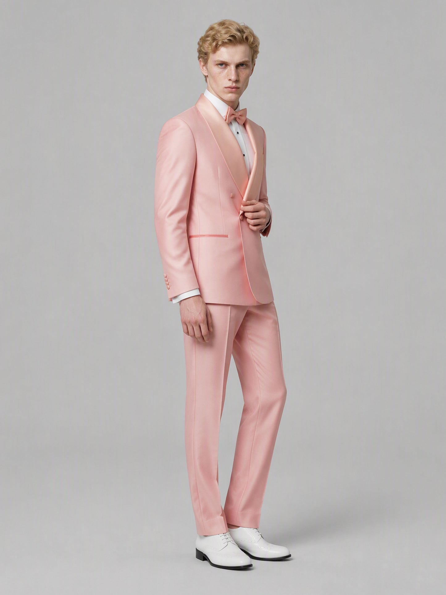 Savile GA0173 Men's Pink Double-Breasted Tonal Pink Satin Shawl Lapel Tuxedo – Front Full Body Walking Pose with Black Oxford Shoes