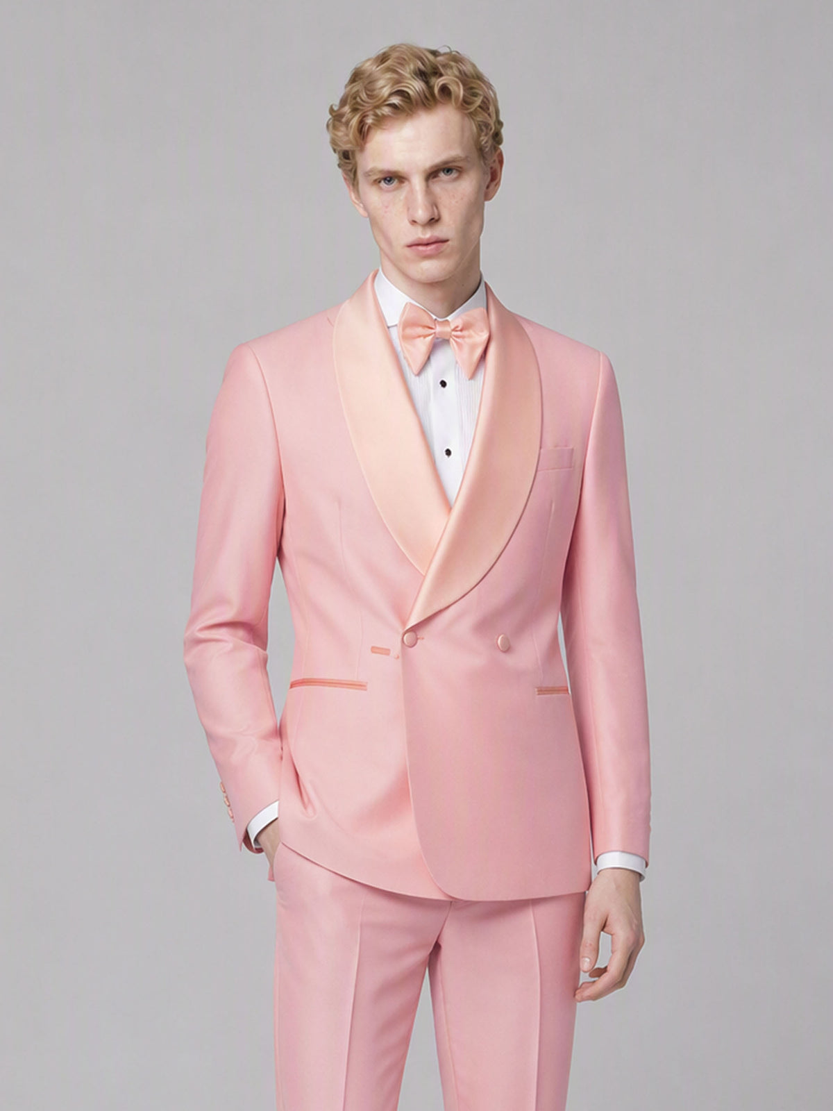 Savile GA0173 Men's Pink Double-Breasted Tonal Pink Satin Shawl Lapel Tuxedo – Back View with Black Oxford Shoes