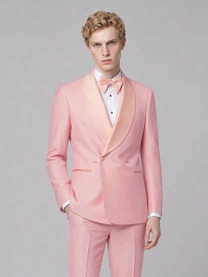 Savile GA0173 Men's Pink Double-Breasted Tonal Pink Satin Shawl Lapel Tuxedo – Back View with Black Oxford Shoes