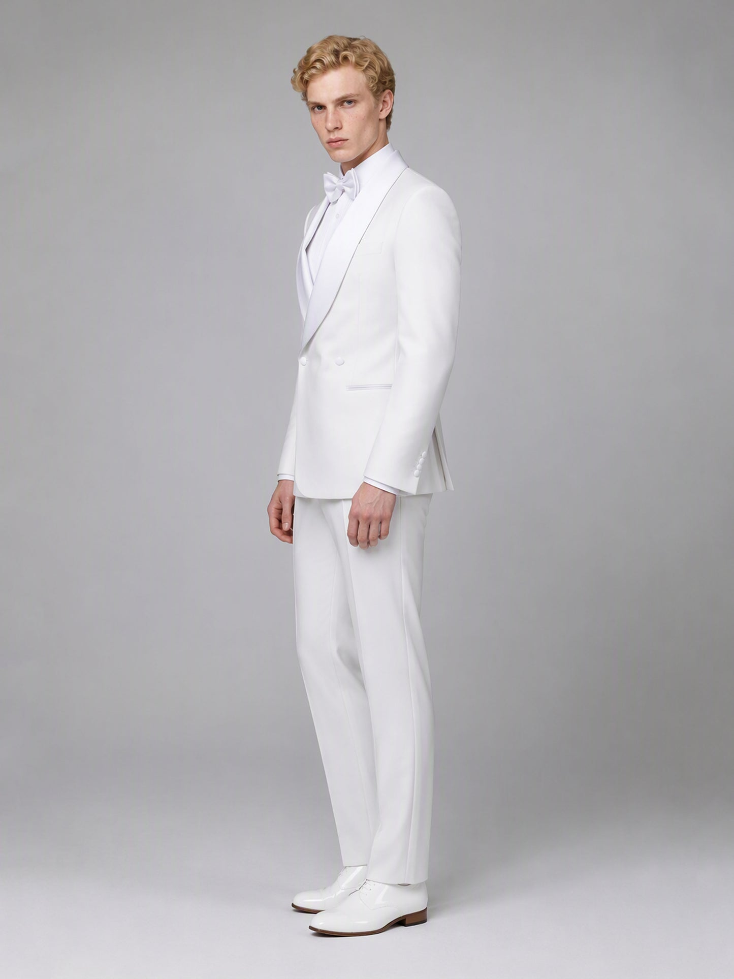 Savile GA0173 Men's White Double-Breasted Tonal White Satin Shawl Lapel Tuxedo – Side Profile View with White Oxford Shoes