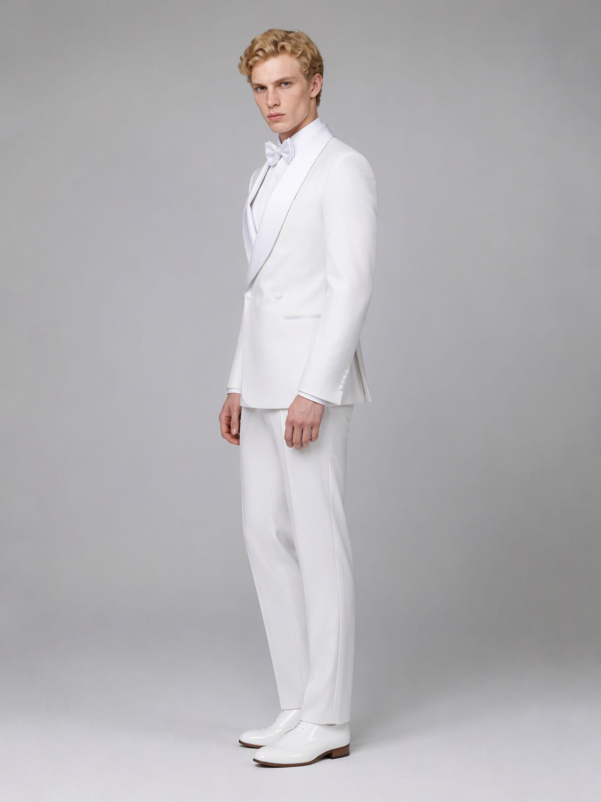 Savile GA0173 Men's White Double-Breasted Tonal White Satin Shawl Lapel Tuxedo – Side Profile View with White Oxford Shoes