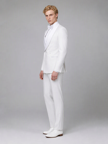Savile GA0173 Men's White Double-Breasted Tonal White Satin Shawl Lapel Tuxedo – Side Profile View with White Oxford Shoes