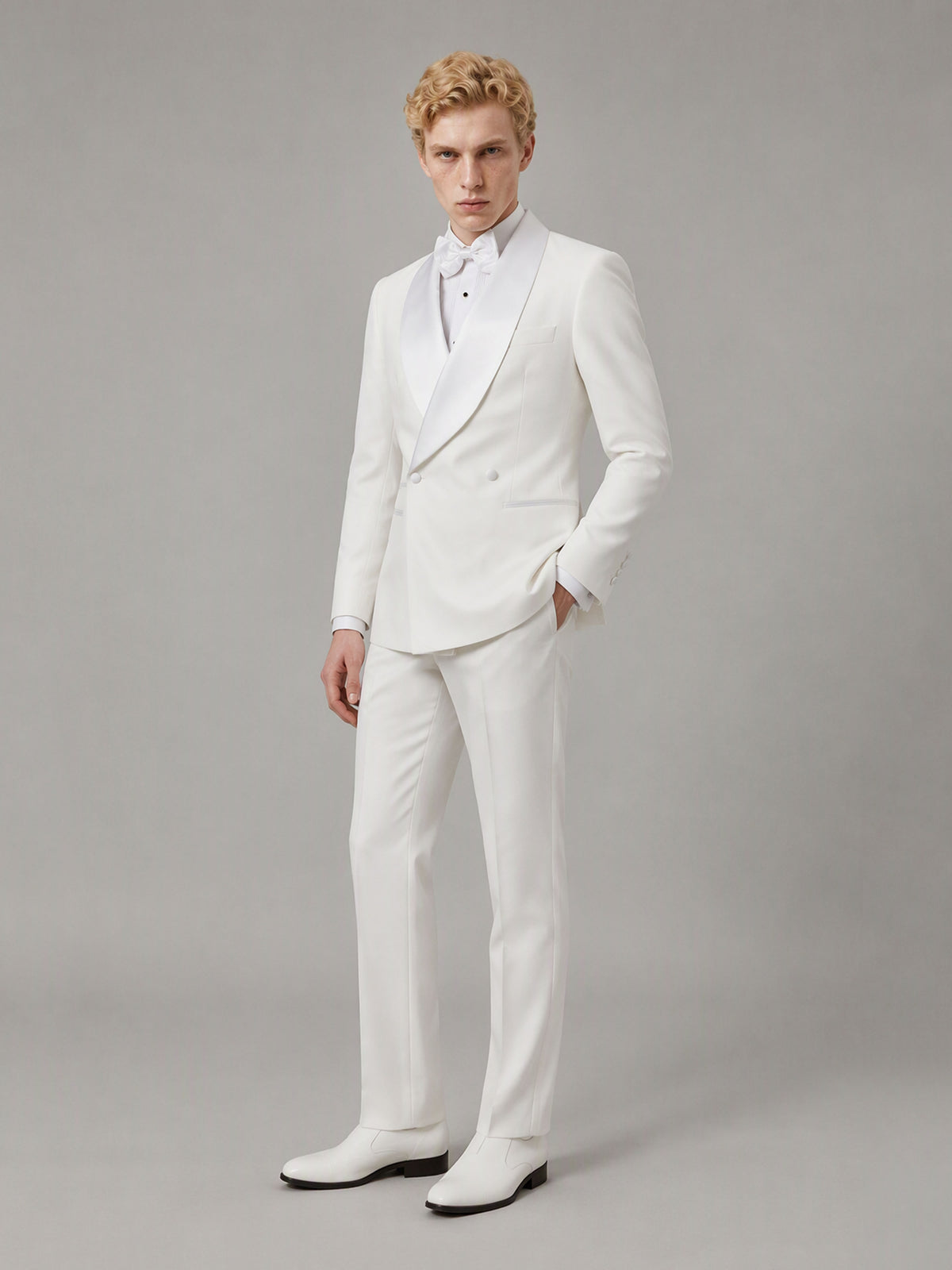 Savile GA0173 Men's White Double-Breasted Tonal White Satin Shawl Lapel Tuxedo – Front Full Body View Hand in Pocket with White Oxford Shoes