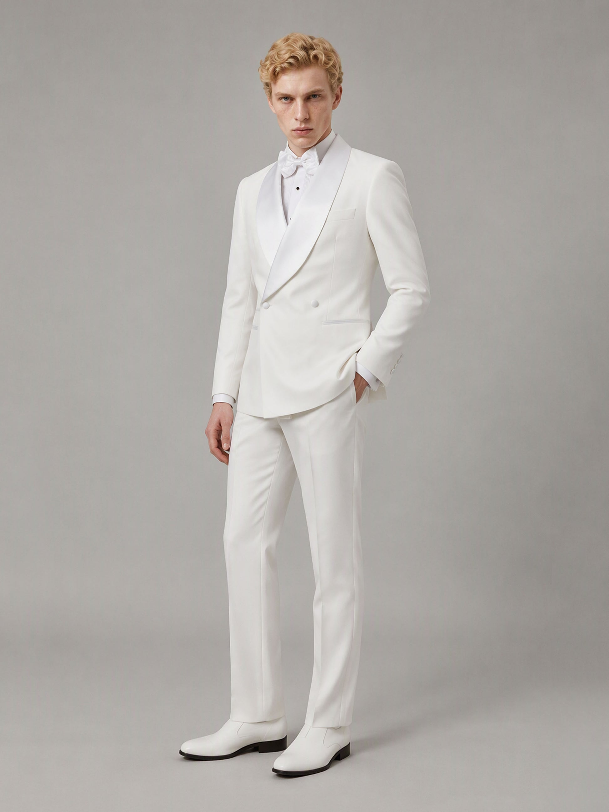 Savile GA0173 Men's White Double-Breasted Tonal White Satin Shawl Lapel Tuxedo – Front Full Body View Hand in Pocket with White Oxford Shoes