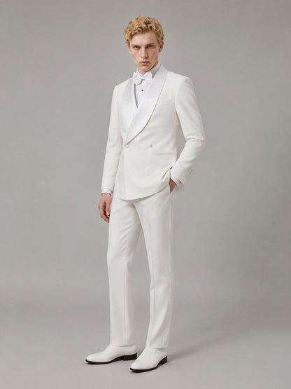 Savile GA0173 Men's White Double-Breasted Tonal White Satin Shawl Lapel Tuxedo – Front Full Body View Hand in Pocket with White Oxford Shoes