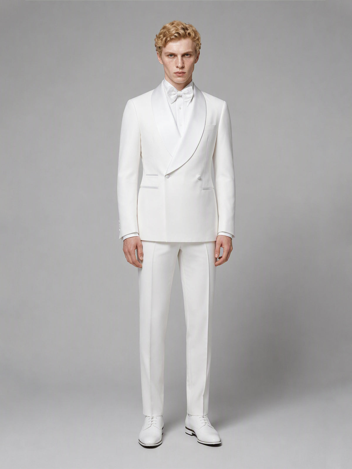 Savile GA0173 Men's White Double-Breasted Tonal White Satin Shawl Lapel Tuxedo – Front Full Body View Hands at Sides with White Oxford Shoes