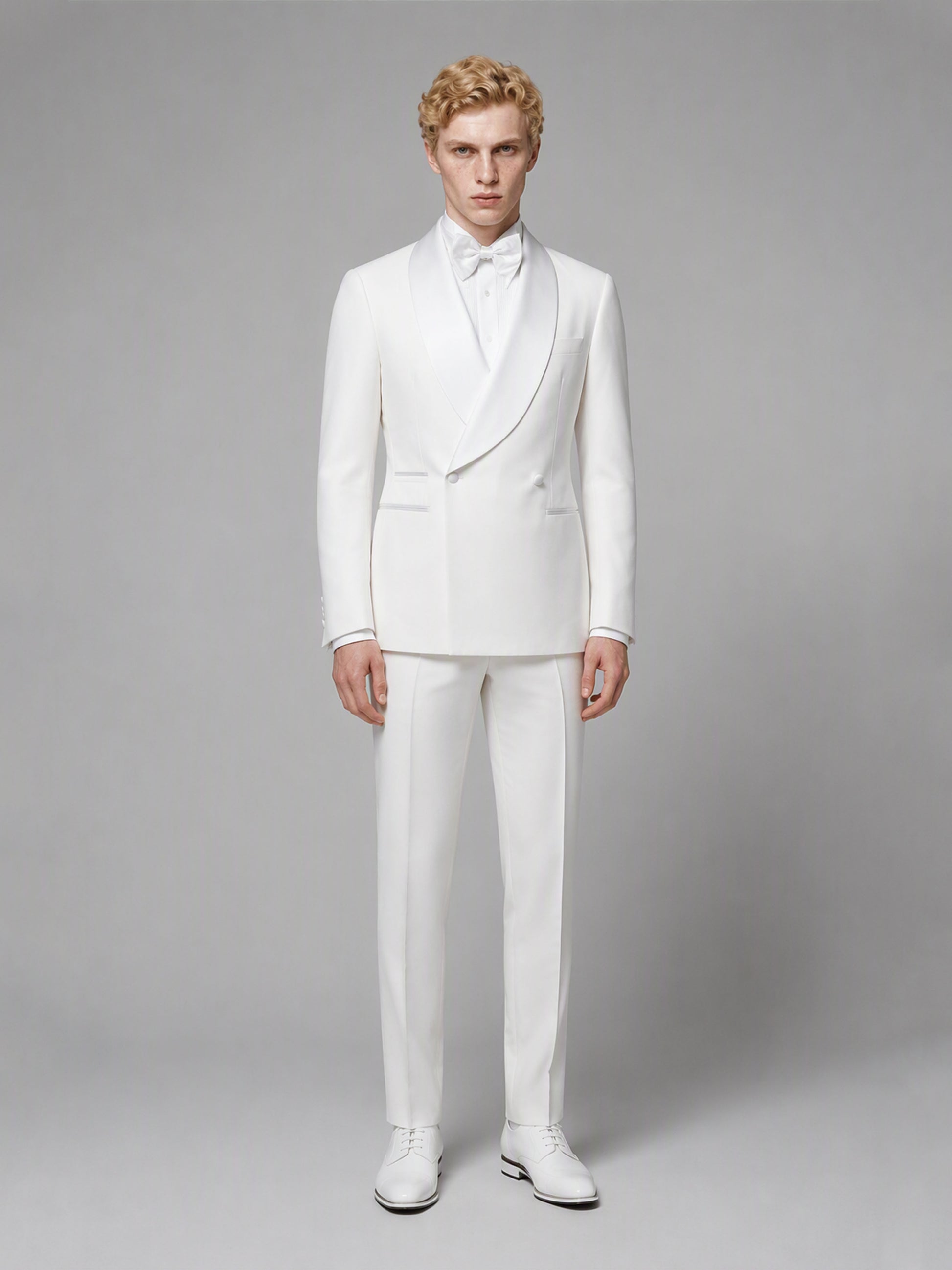 Savile GA0173 Men's White Double-Breasted Tonal White Satin Shawl Lapel Tuxedo – Front Full Body View Hands at Sides with White Oxford Shoes