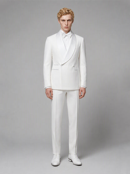Savile GA0173 Men's White Double-Breasted Tonal White Satin Shawl Lapel Tuxedo – Front Full Body View Hands at Sides with White Oxford Shoes