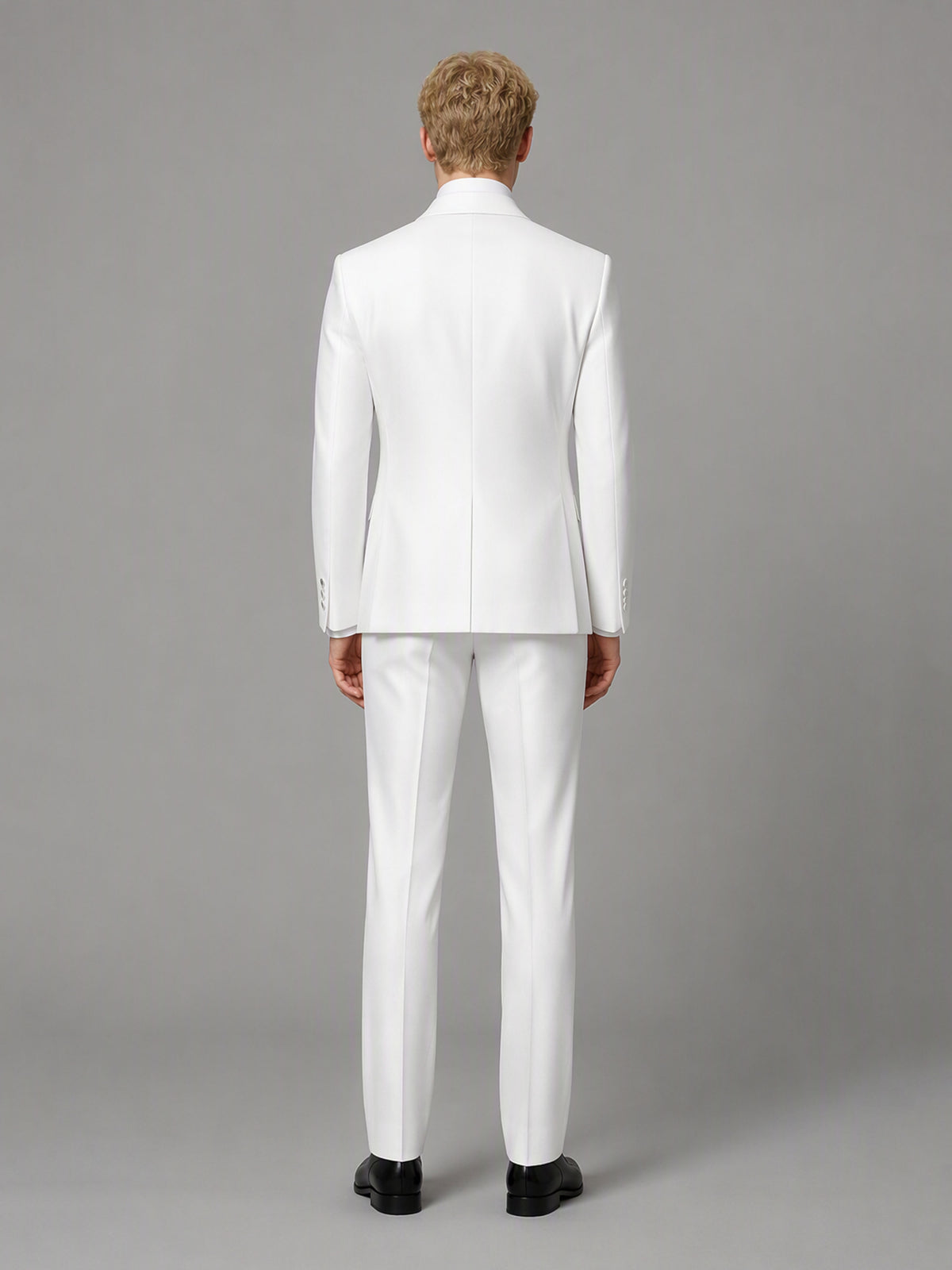 Savile GA0173 Men's White Double-Breasted Tonal White Satin Shawl Lapel Tuxedo – Back View with Black Oxford Shoes