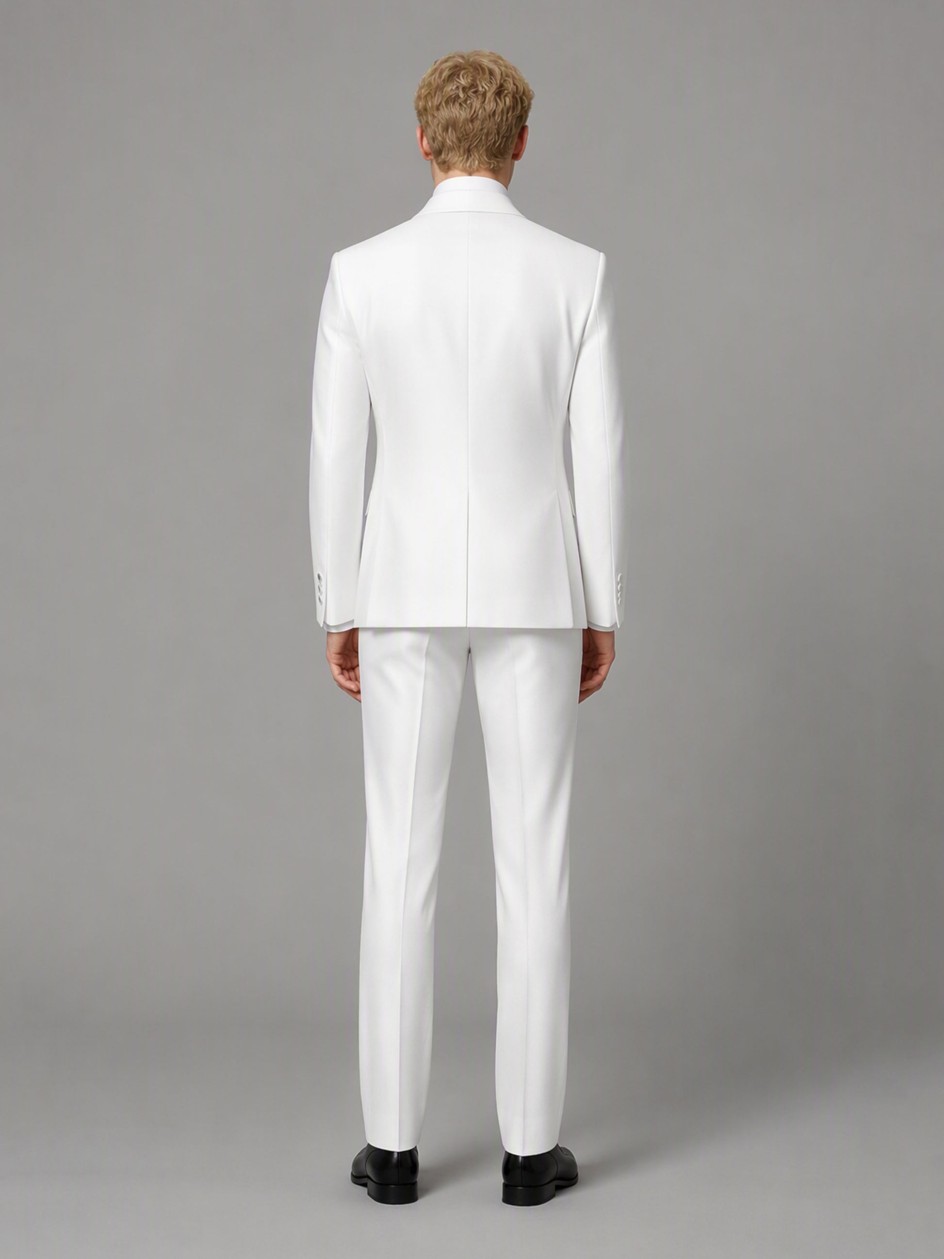 Savile GA0173 Men's White Double-Breasted Tonal White Satin Shawl Lapel Tuxedo – Back View with Black Oxford Shoes