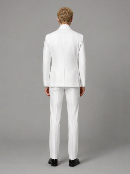 Savile GA0173 Men's White Double-Breasted Tonal White Satin Shawl Lapel Tuxedo – Back View with Black Oxford Shoes
