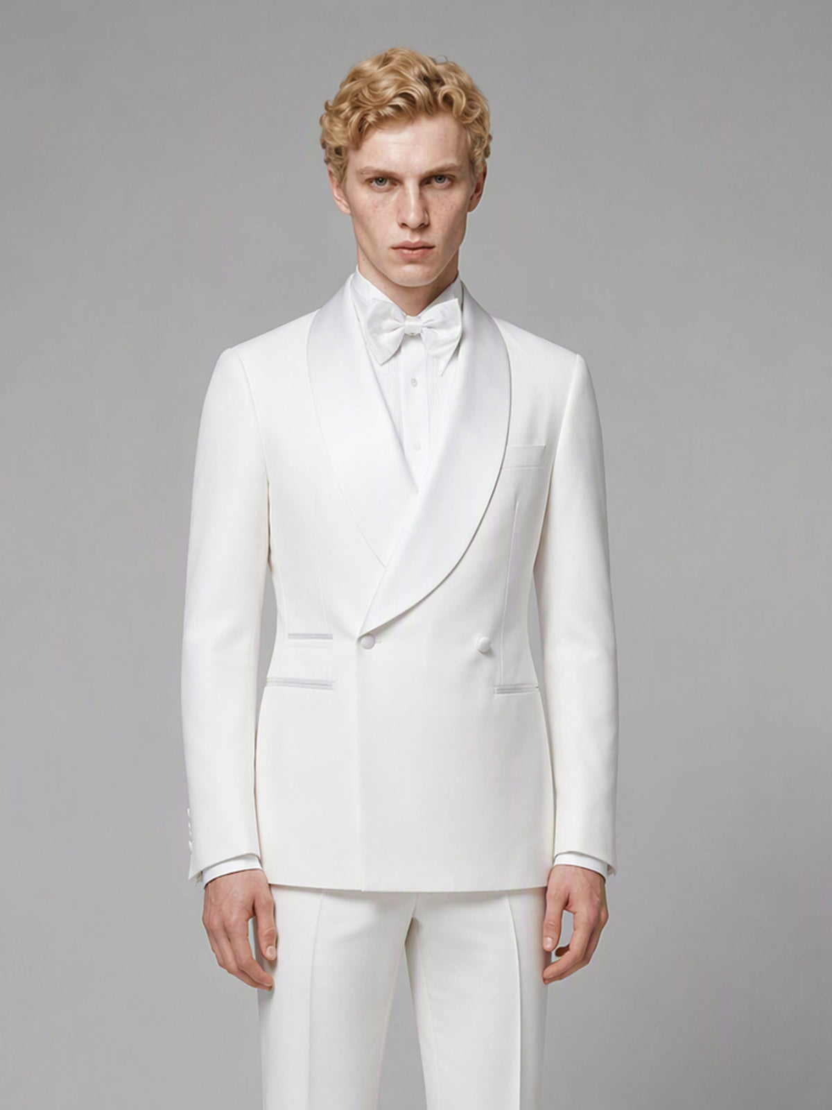 Savile GA0173 Men's White Double-Breasted Tonal White Satin Shawl Lapel Tuxedo – Front Close-Up with White Bow Tie & Tonal White Satin Shawl Lapel Detail