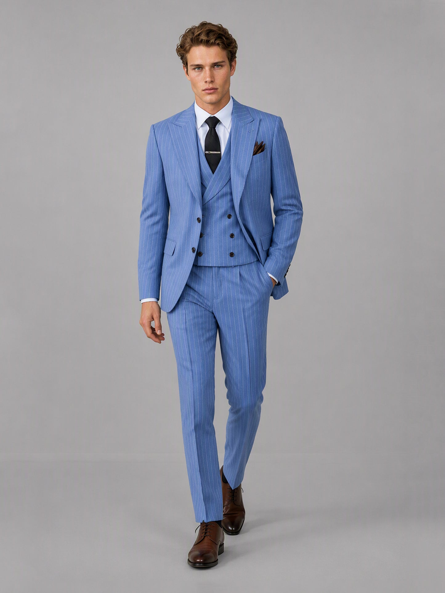 Men's blue pinstripe 3-piece suit set – front full-length view, Savile GA0174