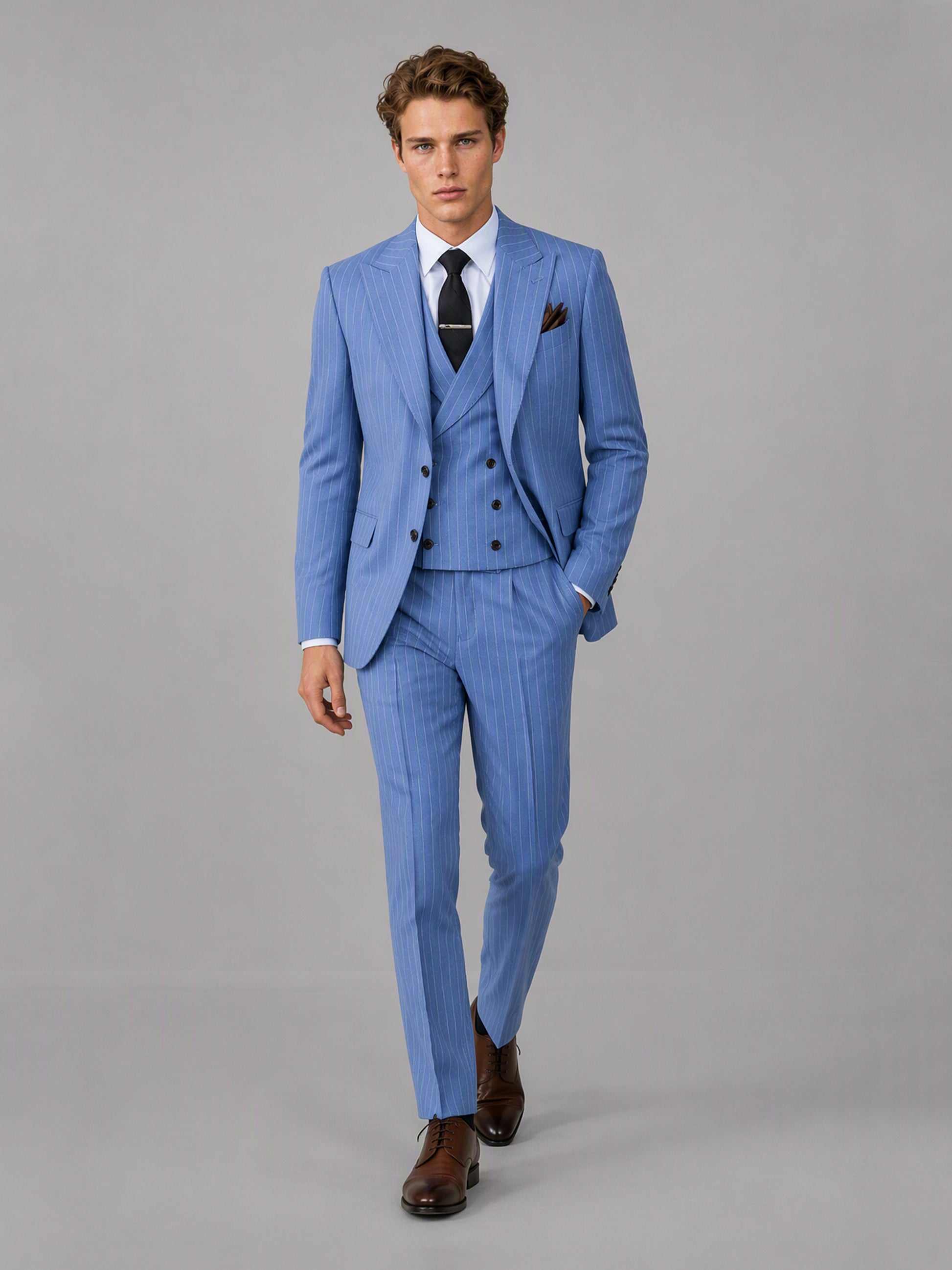 Men's blue pinstripe 3-piece suit set – front full-length view, Savile GA0174
