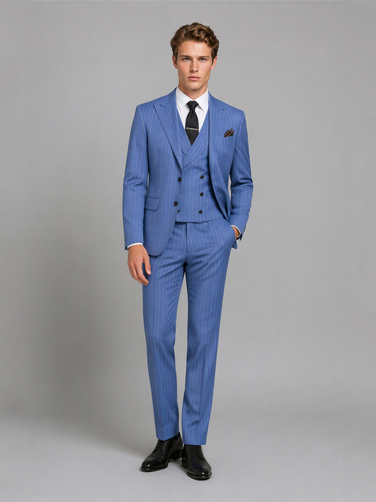 Men's blue pinstripe 3-piece suit set – back view, Savile GA0174