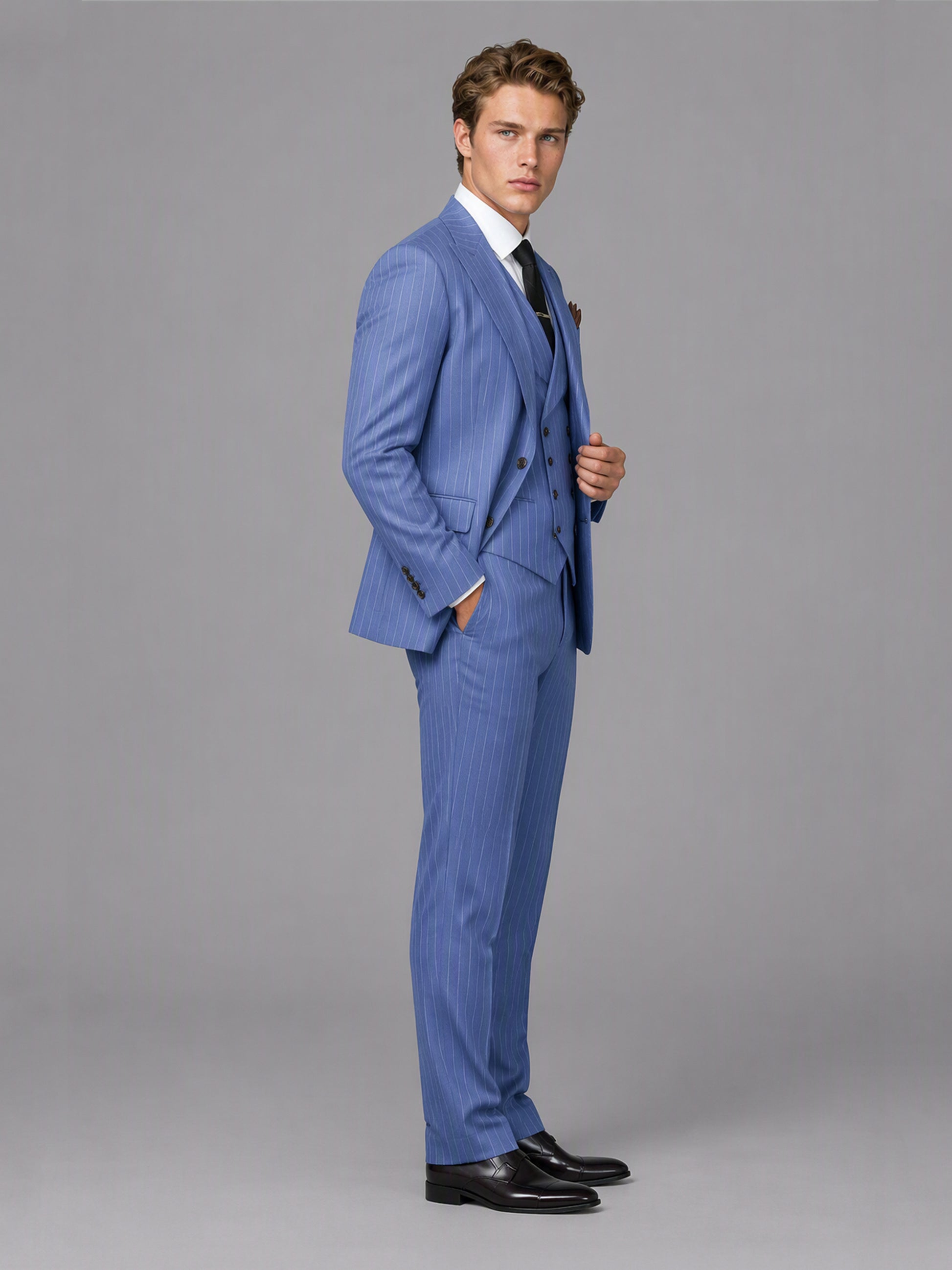 Men's blue pinstripe 3-piece suit set – front close-up detail, Savile GA0174