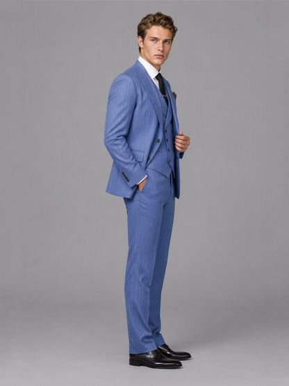 Men's blue pinstripe 3-piece suit set – front close-up detail, Savile GA0174