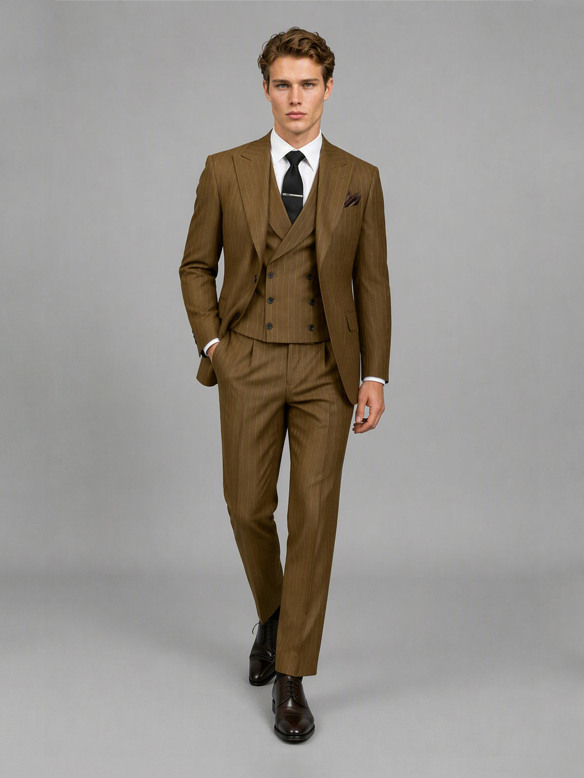 Men's camel brown pinstripe 3-piece suit set – front close-up view, Savile GA0174